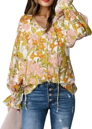 Biucly Women's Casual Boho Floral Print V Neck Long Sleeve Drawstring Tops Loose Blouses Button Down Shirts