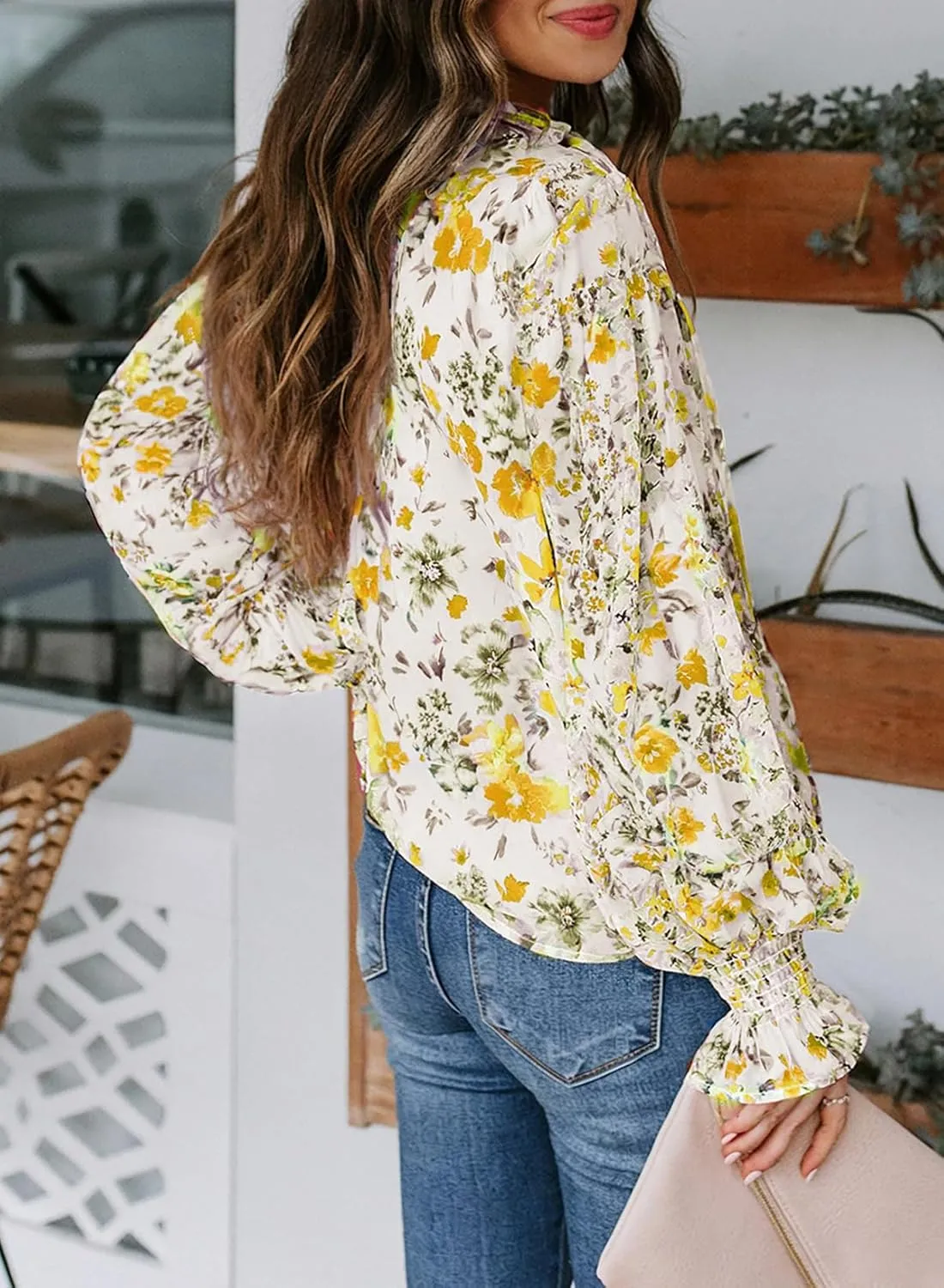 Biucly Women's Casual Boho Floral Print V Neck Long Sleeve Drawstring Tops Loose Blouses Button Down Shirts