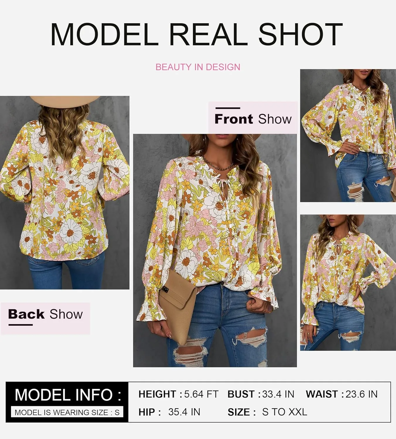 Biucly Women's Casual Boho Floral Print V Neck Long Sleeve Drawstring Tops Loose Blouses Button Down Shirts