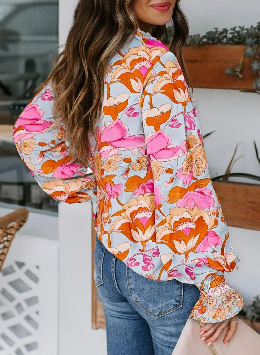 Biucly Women's Casual Boho Floral Print V Neck Long Sleeve Drawstring Tops Loose Blouses Button Down Shirts