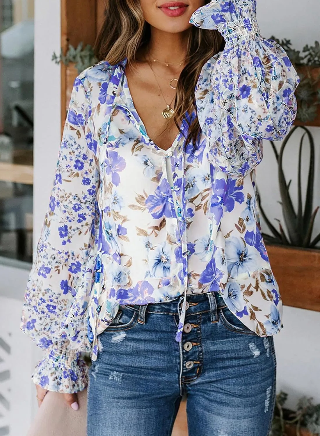 Biucly Women's Casual Boho Floral Print V Neck Long Sleeve Drawstring Tops Loose Blouses Button Down Shirts