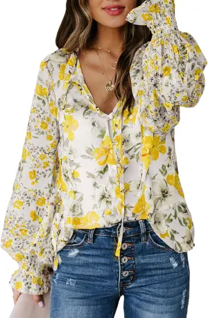 Biucly Women's Casual Boho Floral Print V Neck Long Sleeve Drawstring Tops Loose Blouses Button Down Shirts
