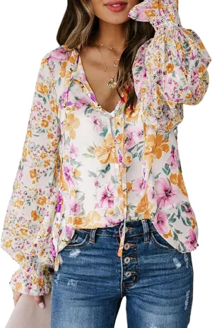 Biucly Women's Casual Boho Floral Print V Neck Long Sleeve Drawstring Tops Loose Blouses Button Down Shirts