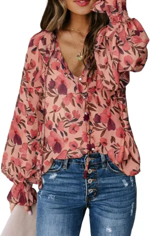 Biucly Women's Casual Boho Floral Print V Neck Long Sleeve Drawstring Tops Loose Blouses Button Down Shirts