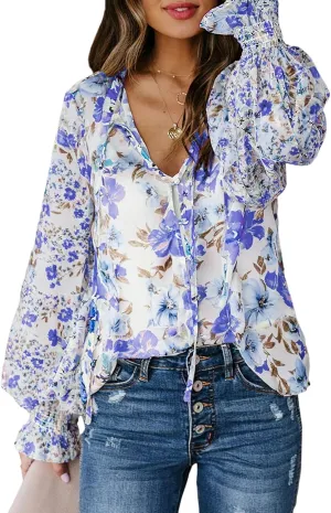 Biucly Women's Casual Boho Floral Print V Neck Long Sleeve Drawstring Tops Loose Blouses Button Down Shirts