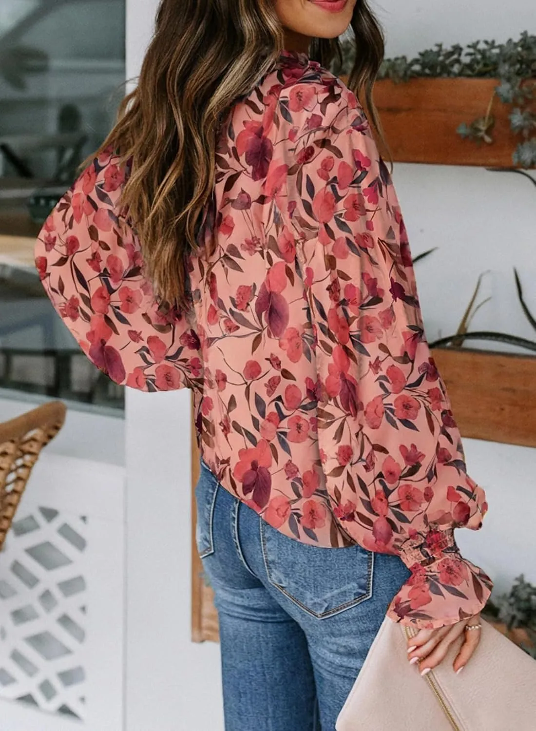 Biucly Women's Casual Boho Floral Print V Neck Long Sleeve Drawstring Tops Loose Blouses Button Down Shirts