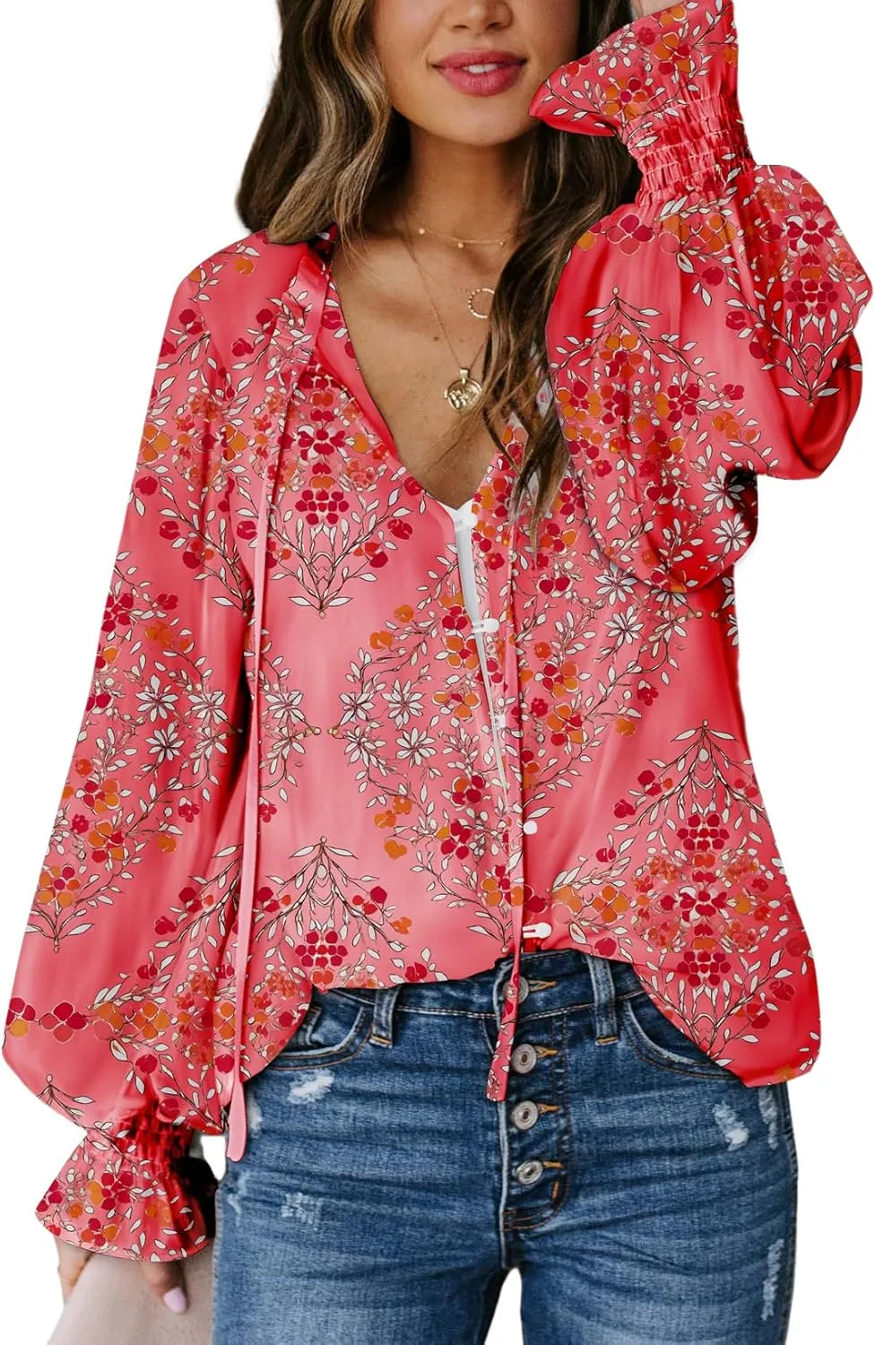 Biucly Women's Casual Boho Floral Print V Neck Long Sleeve Drawstring Tops Loose Blouses Button Down Shirts
