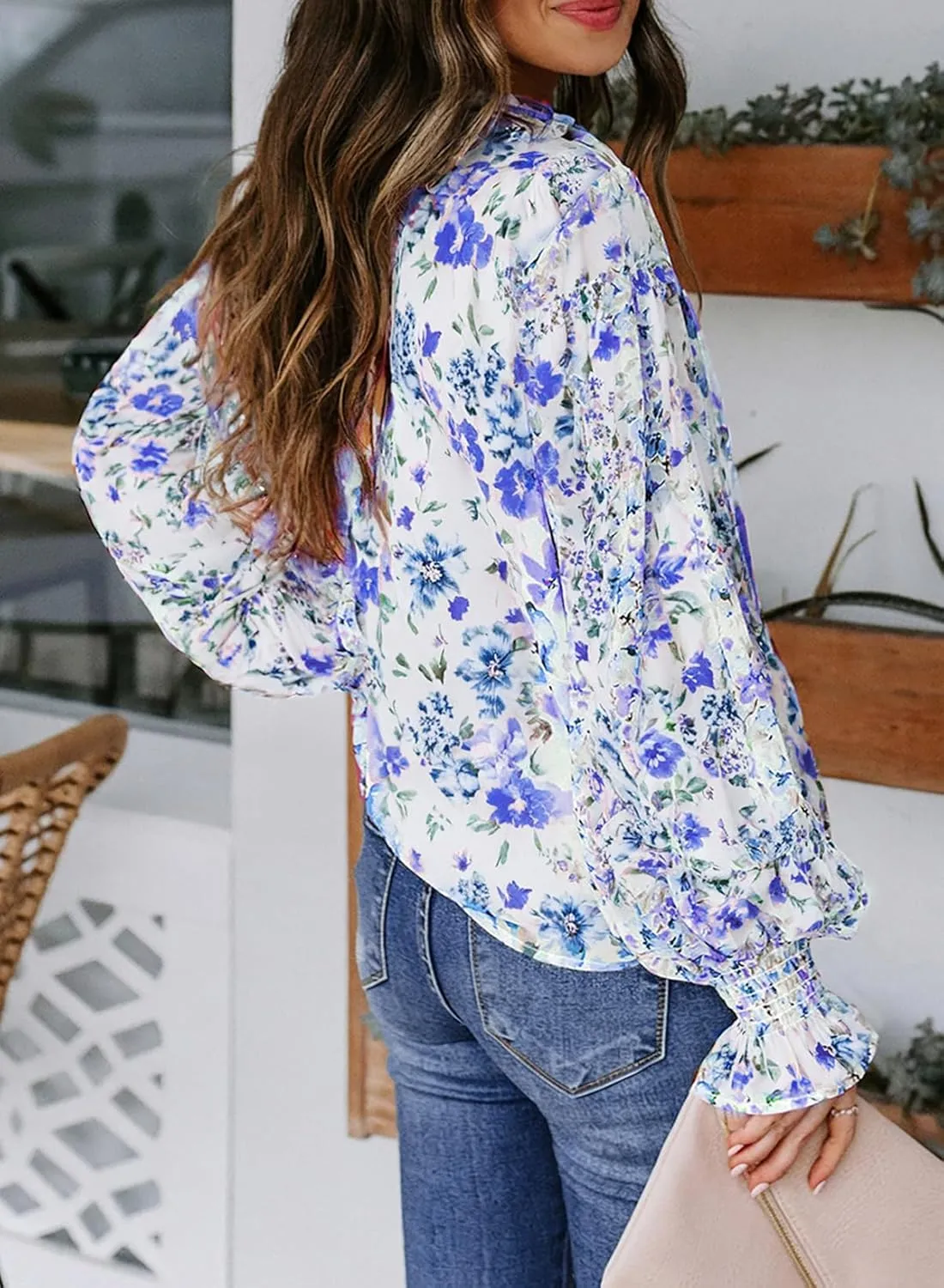 Biucly Women's Casual Boho Floral Print V Neck Long Sleeve Drawstring Tops Loose Blouses Button Down Shirts