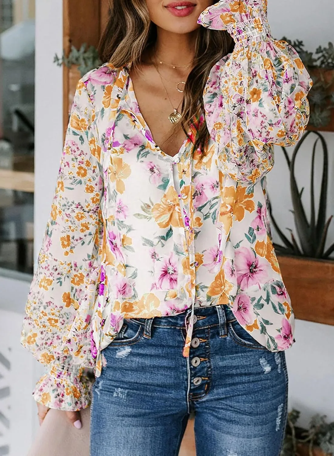 Biucly Women's Casual Boho Floral Print V Neck Long Sleeve Drawstring Tops Loose Blouses Button Down Shirts