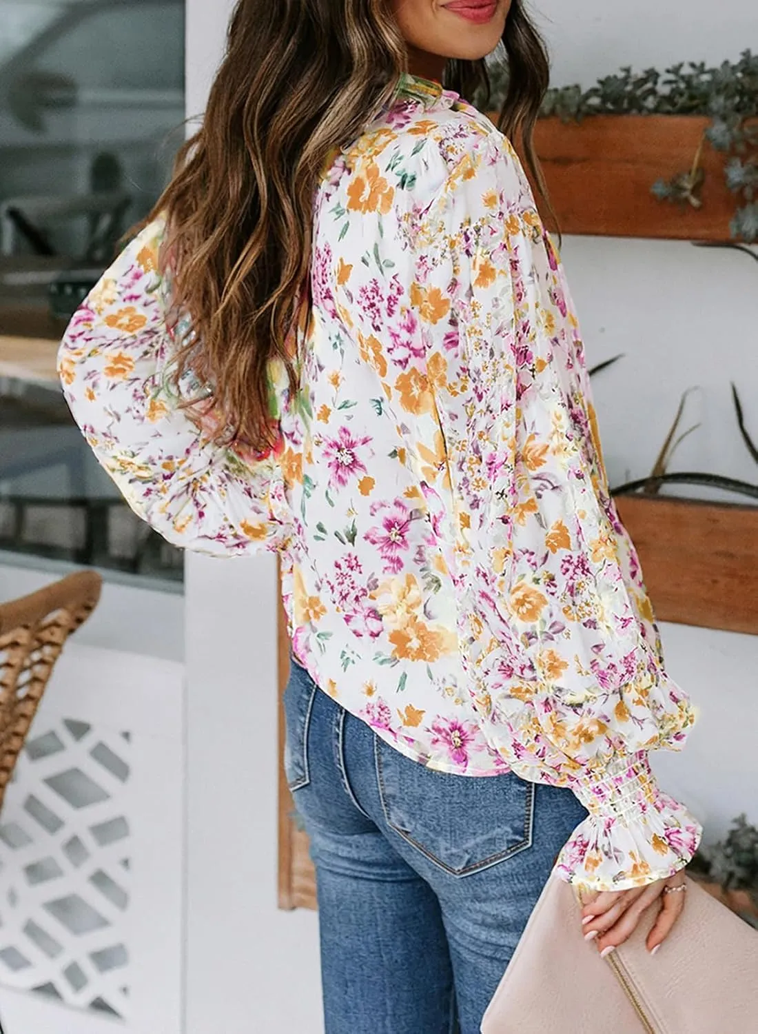 Biucly Women's Casual Boho Floral Print V Neck Long Sleeve Drawstring Tops Loose Blouses Button Down Shirts