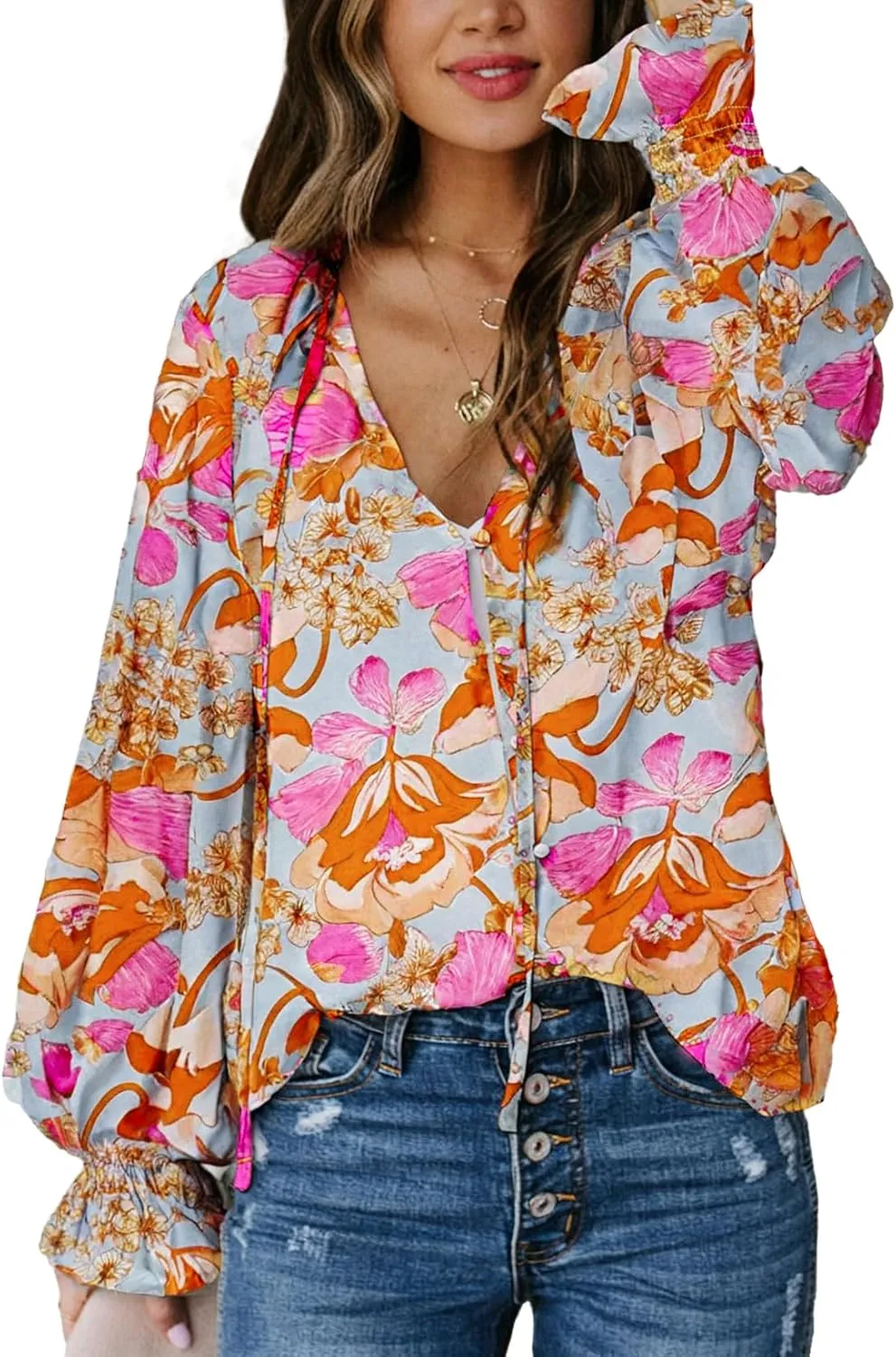 Biucly Women's Casual Boho Floral Print V Neck Long Sleeve Drawstring Tops Loose Blouses Button Down Shirts