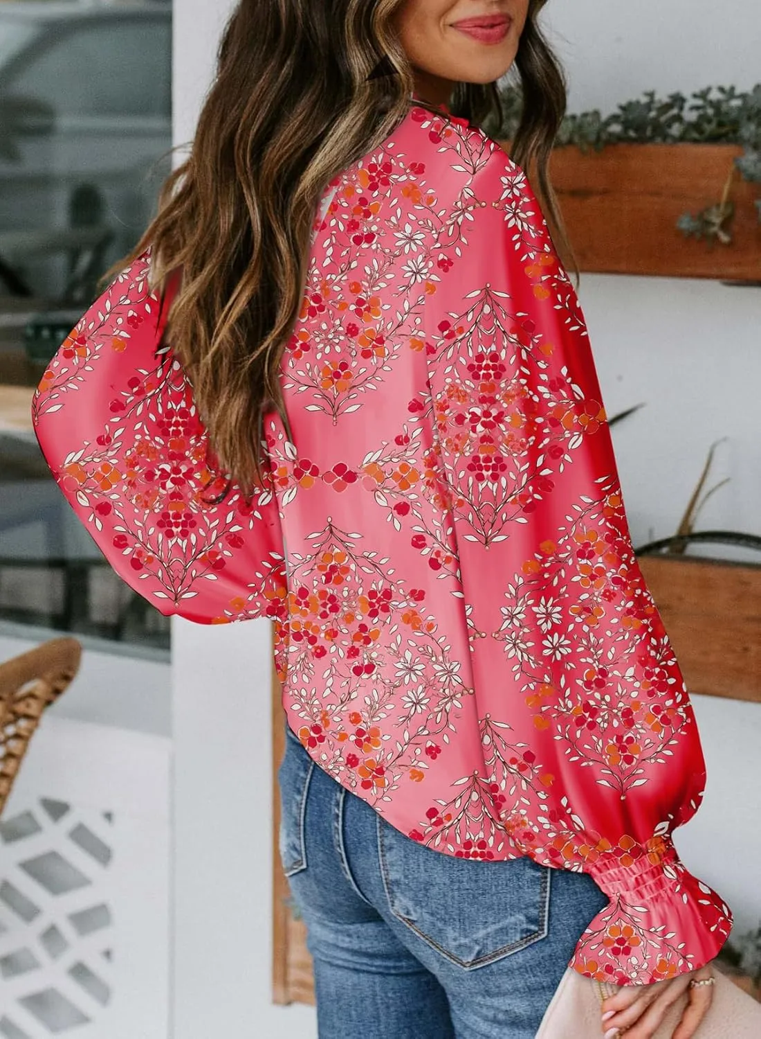 Biucly Women's Casual Boho Floral Print V Neck Long Sleeve Drawstring Tops Loose Blouses Button Down Shirts