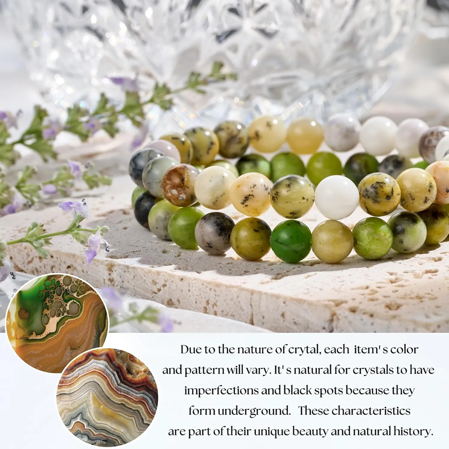 Bivei Natural Gemstone Semi Precious Healing Crystals Handmade Stretchy Round Beads Bracelet, Enhance Positive Energy