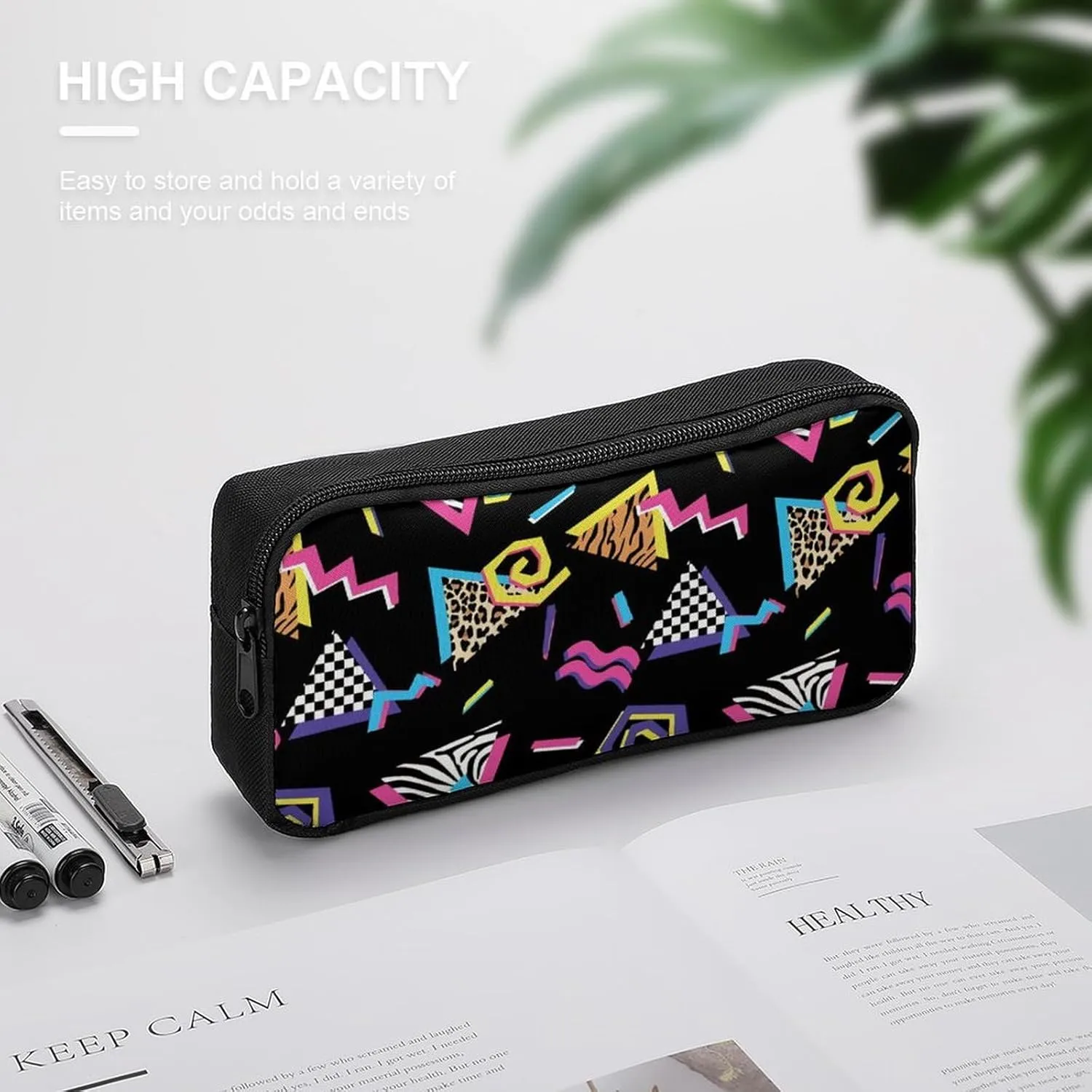 Black Complex Pattern Portable And Cute Large Capacity Stationery Bag