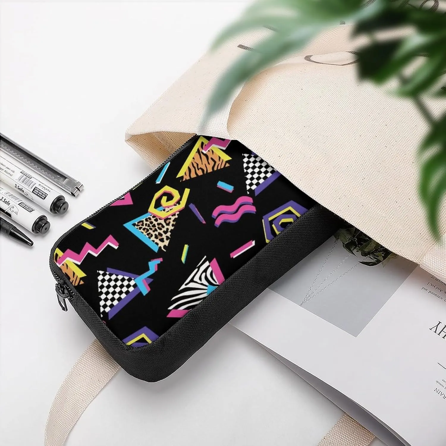 Black Complex Pattern Portable And Cute Large Capacity Stationery Bag