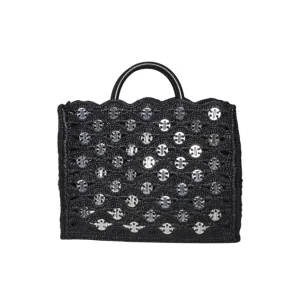 Black Raffia Tote Bag With Logo Medallions