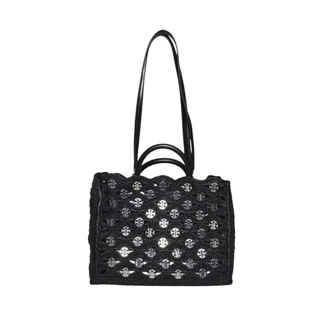 Black Raffia Tote Bag With Logo Medallions
