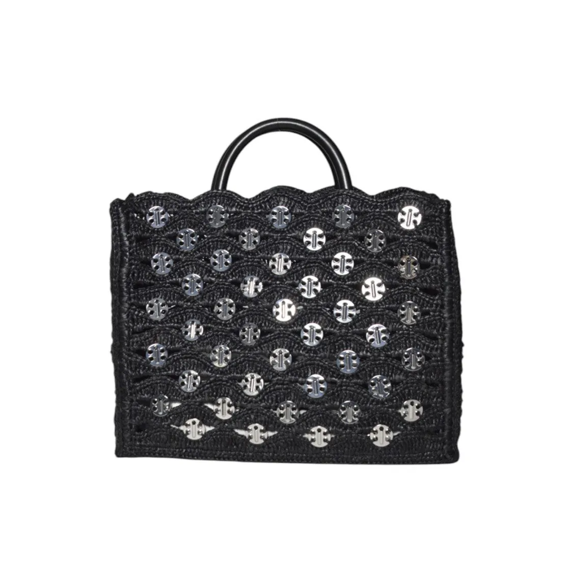 Black Raffia Tote Bag With Logo Medallions