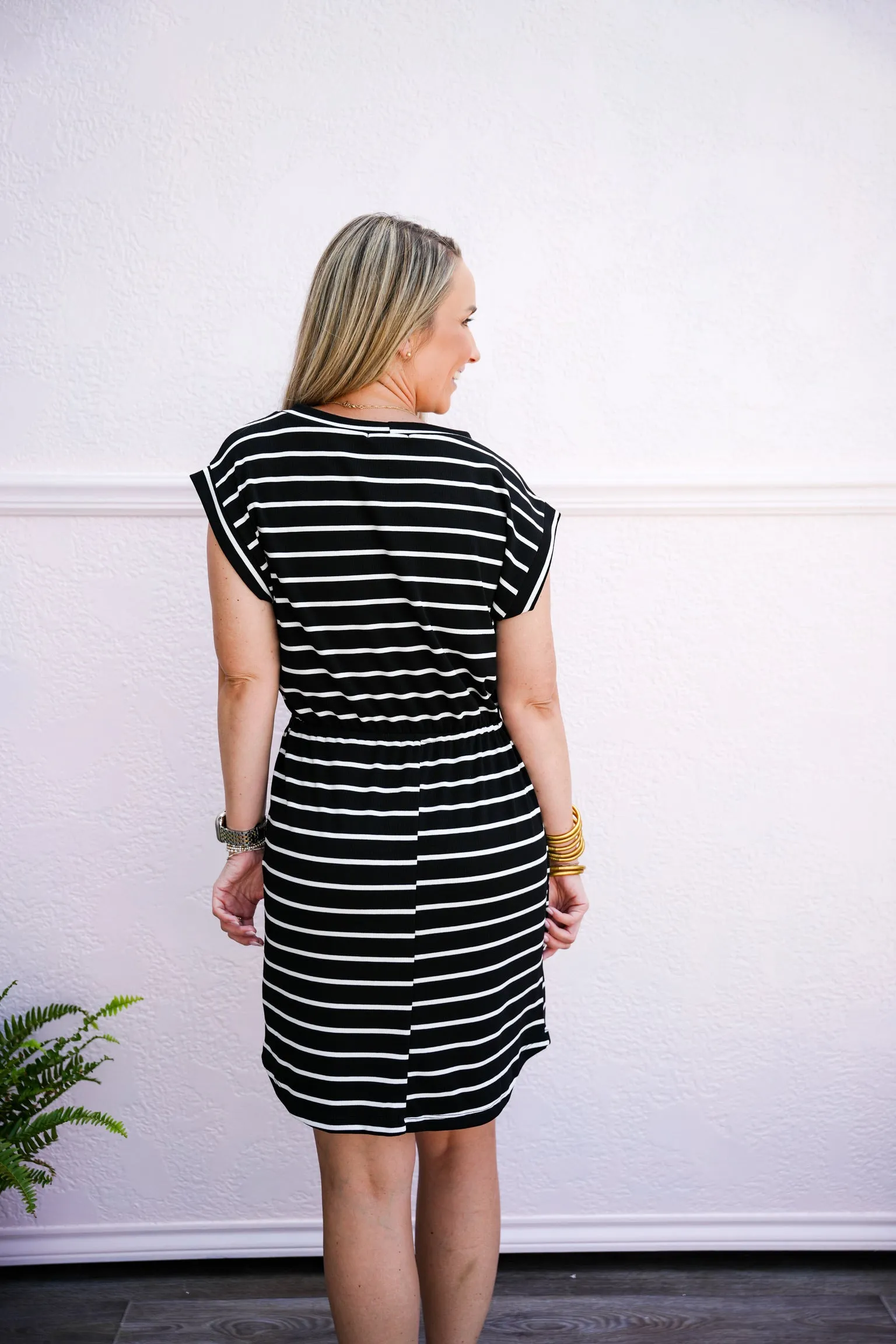 Black White Striped Drawstring Waist Dress