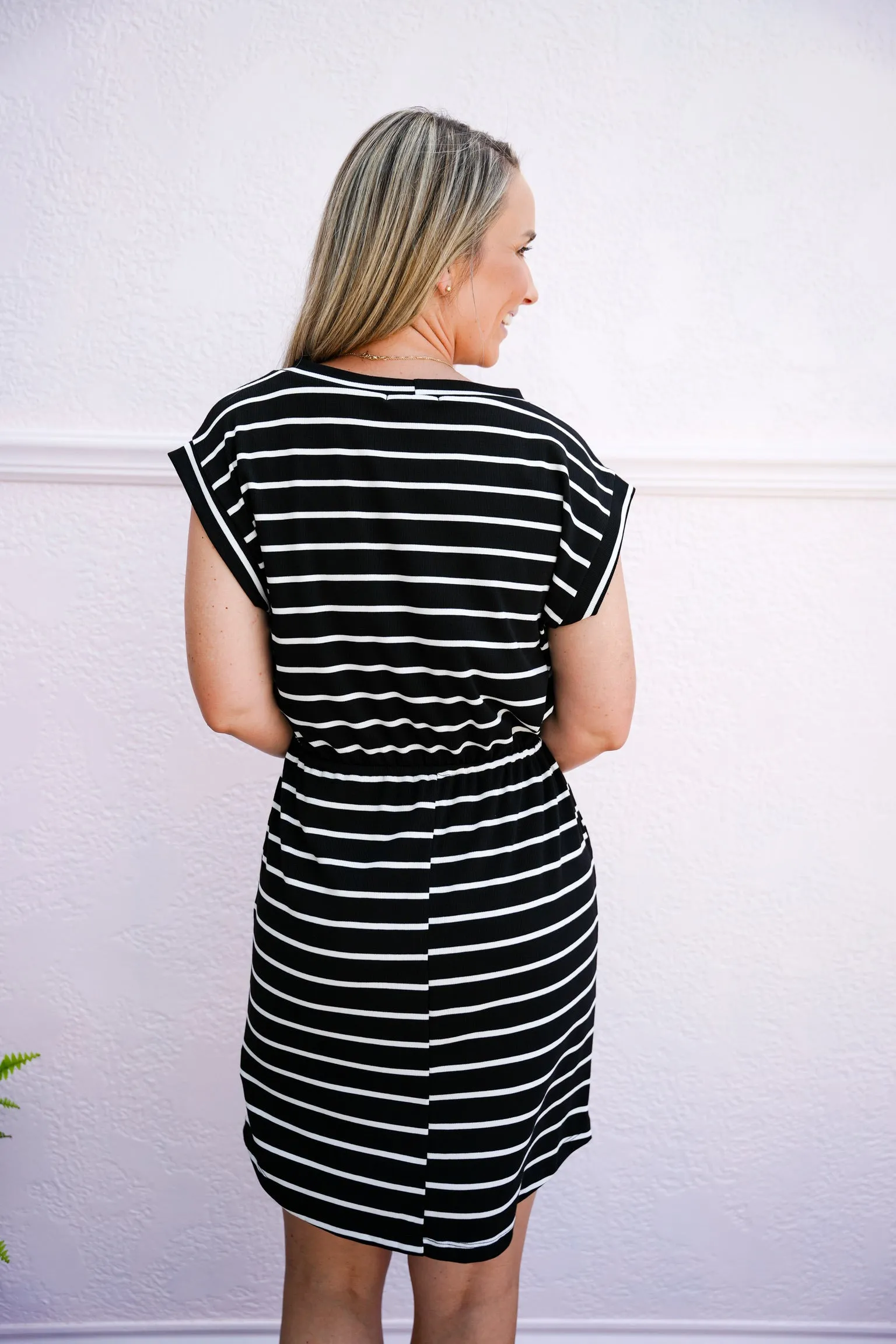 Black White Striped Drawstring Waist Dress