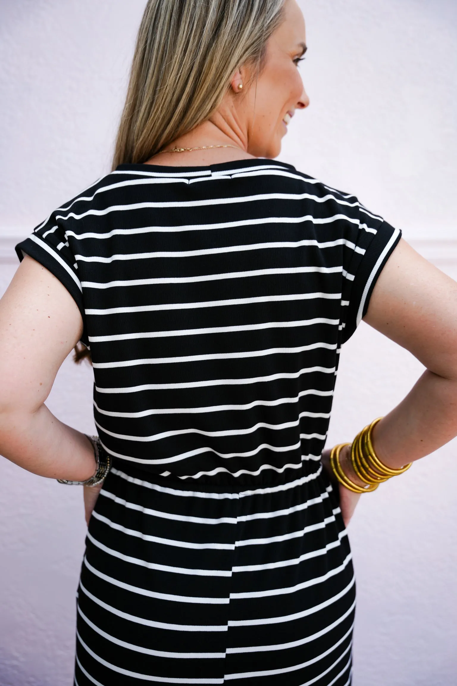 Black White Striped Drawstring Waist Dress