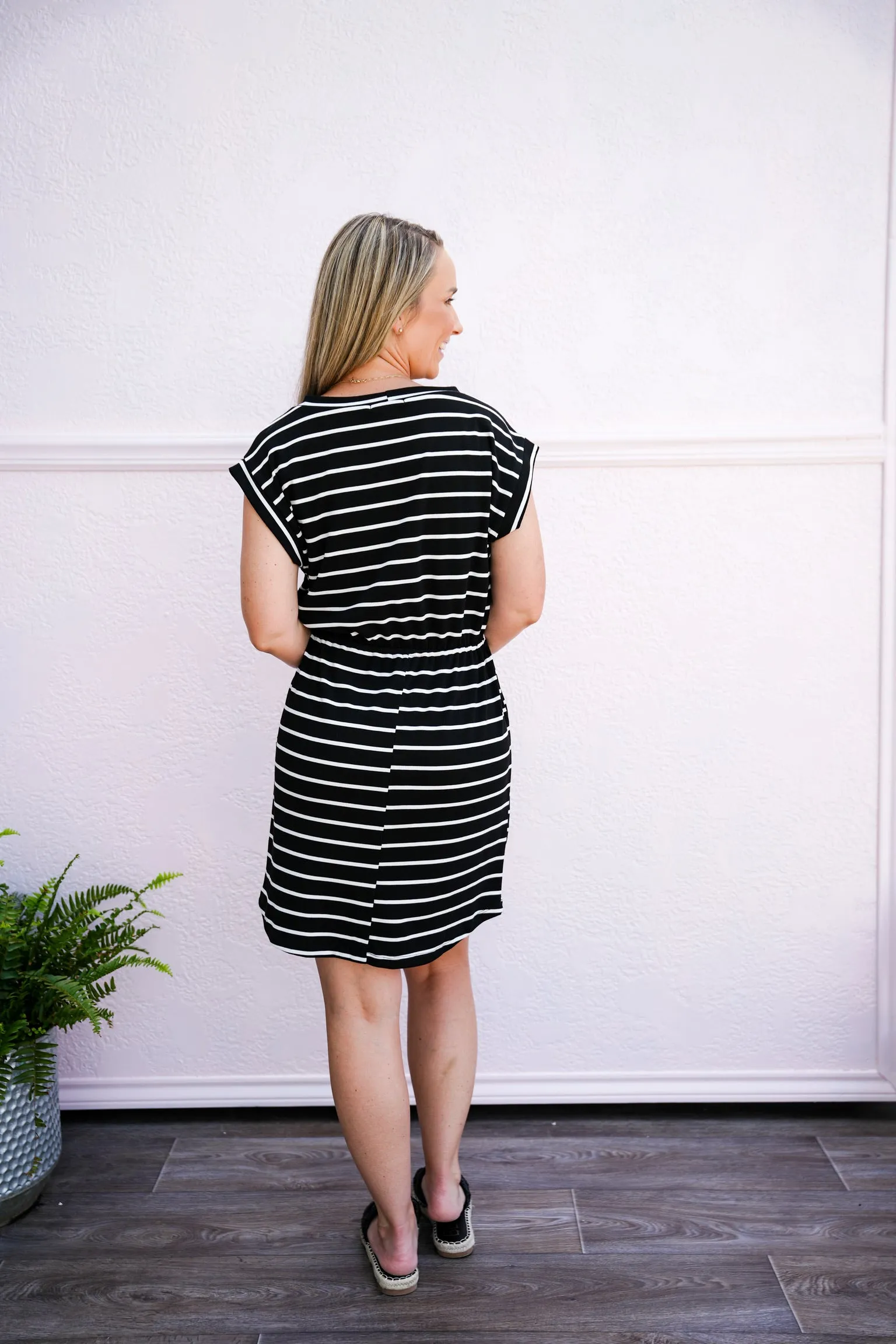 Black White Striped Drawstring Waist Dress