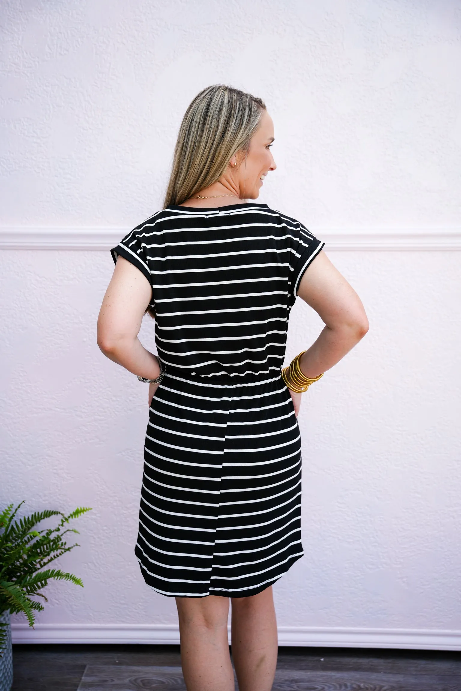 Black White Striped Drawstring Waist Dress
