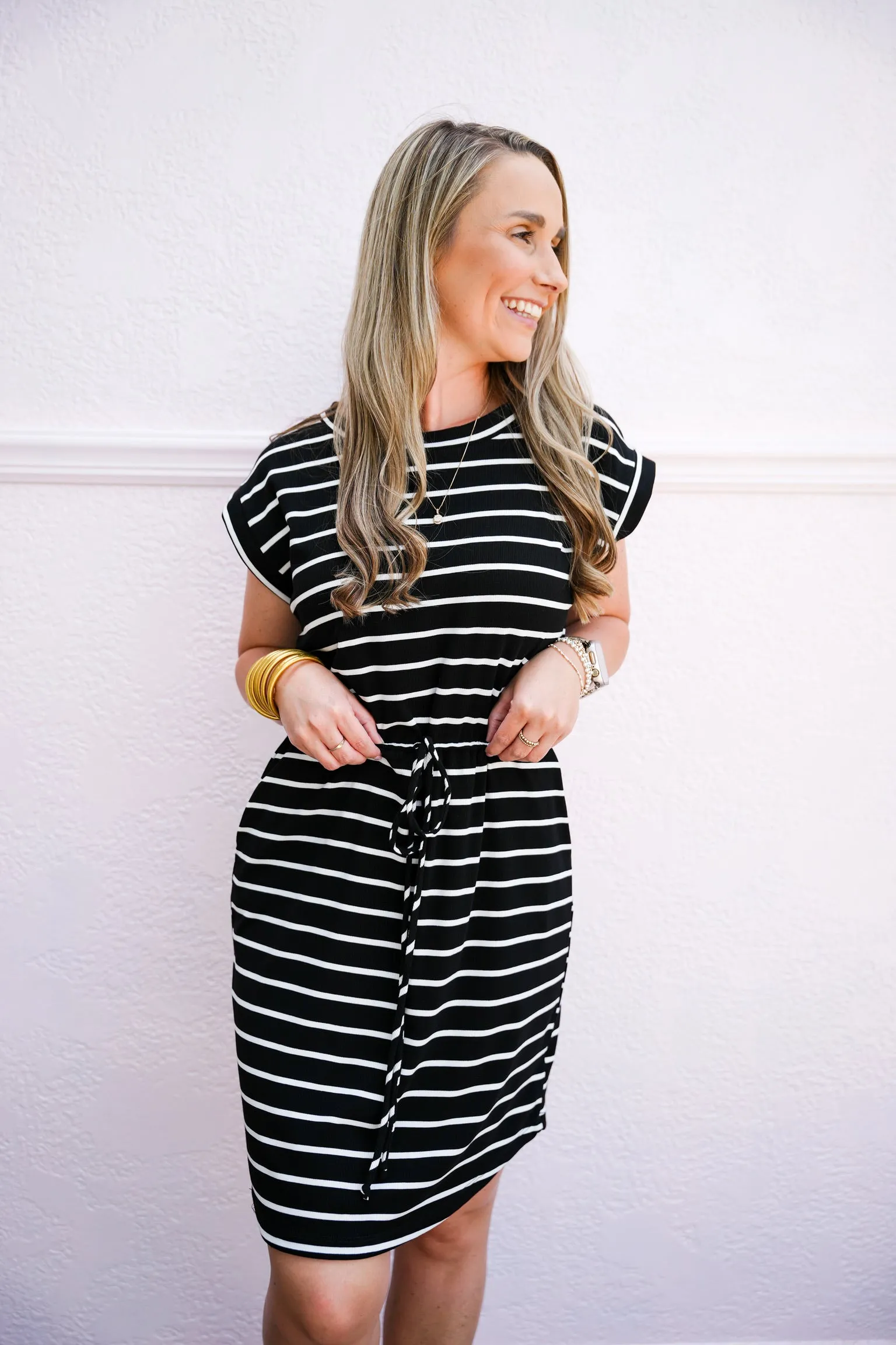 Black White Striped Drawstring Waist Dress