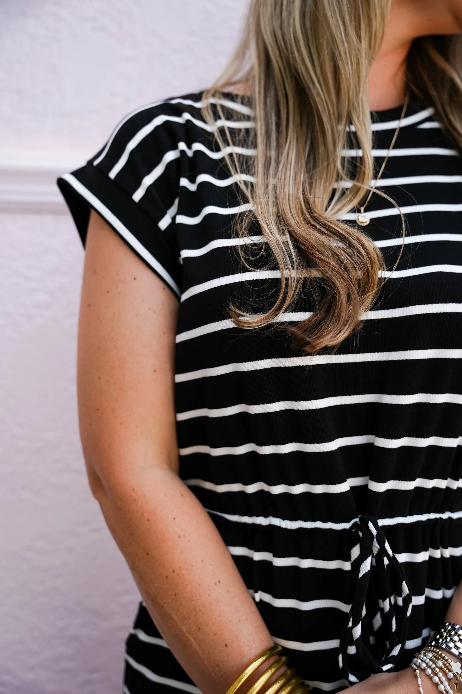 Black White Striped Drawstring Waist Dress