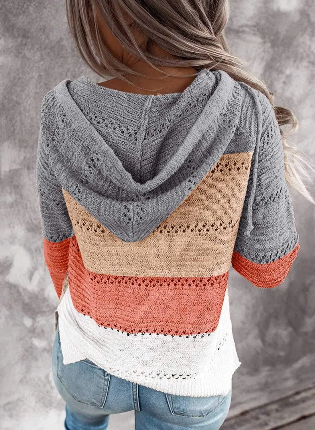 BLENCOT Women Color Block Hooded Crochet Striped Sweaters Lightweight Drawstring Hoodies Pullover Trendy Sweatshirts