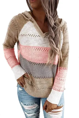 BLENCOT Women Color Block Hooded Crochet Striped Sweaters Lightweight Drawstring Hoodies Pullover Trendy Sweatshirts