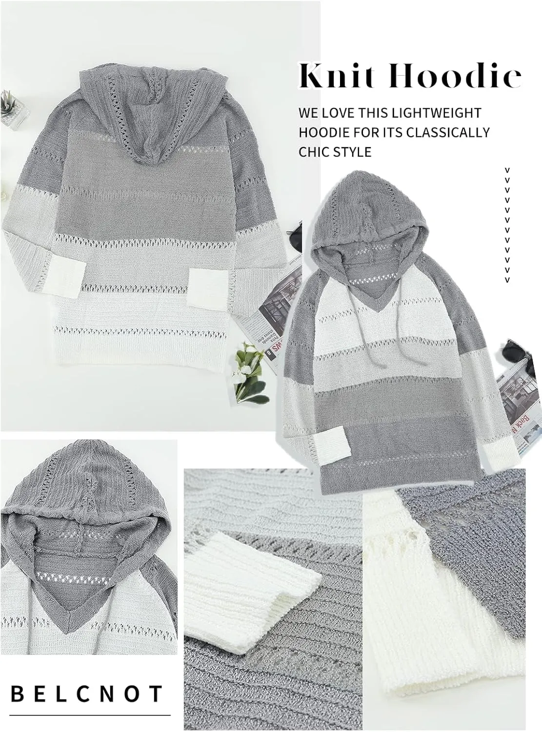 BLENCOT Women Color Block Hooded Crochet Striped Sweaters Lightweight Drawstring Hoodies Pullover Trendy Sweatshirts