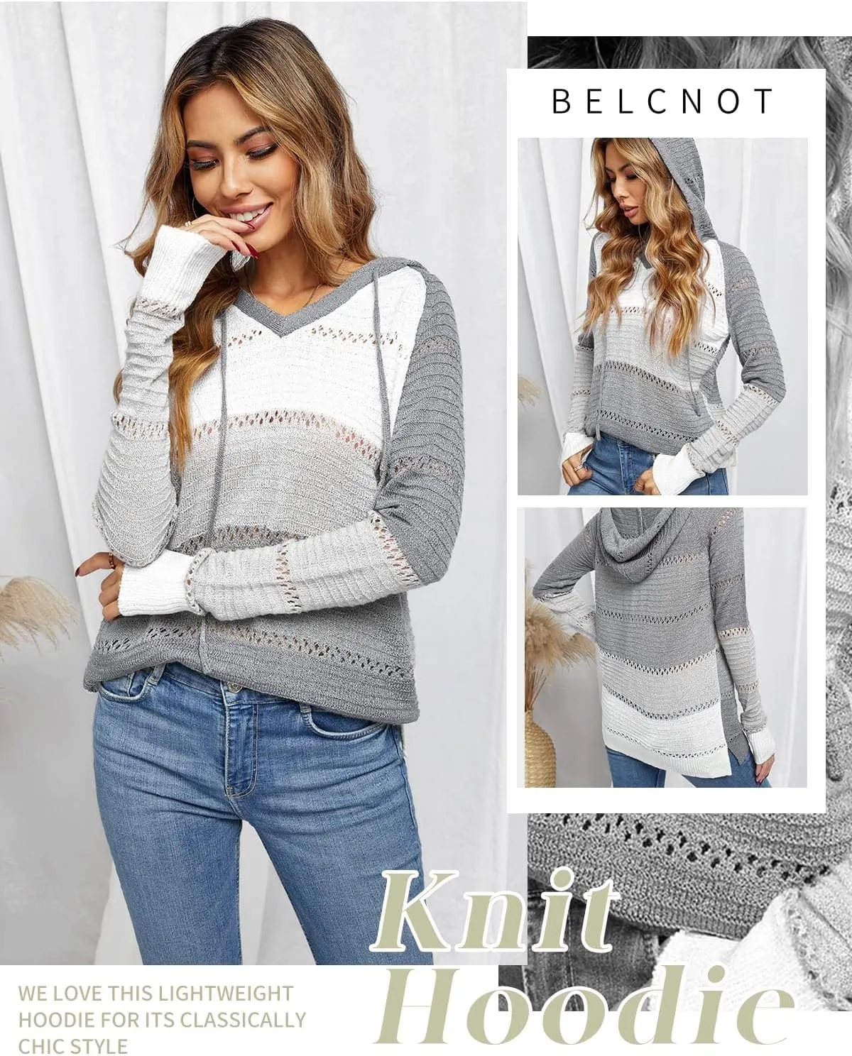 BLENCOT Women Color Block Hooded Crochet Striped Sweaters Lightweight Drawstring Hoodies Pullover Trendy Sweatshirts
