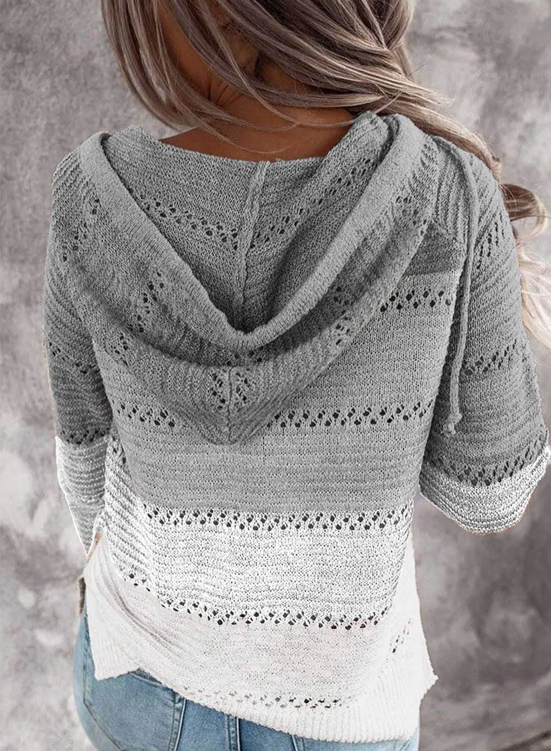 BLENCOT Women Color Block Hooded Crochet Striped Sweaters Lightweight Drawstring Hoodies Pullover Trendy Sweatshirts
