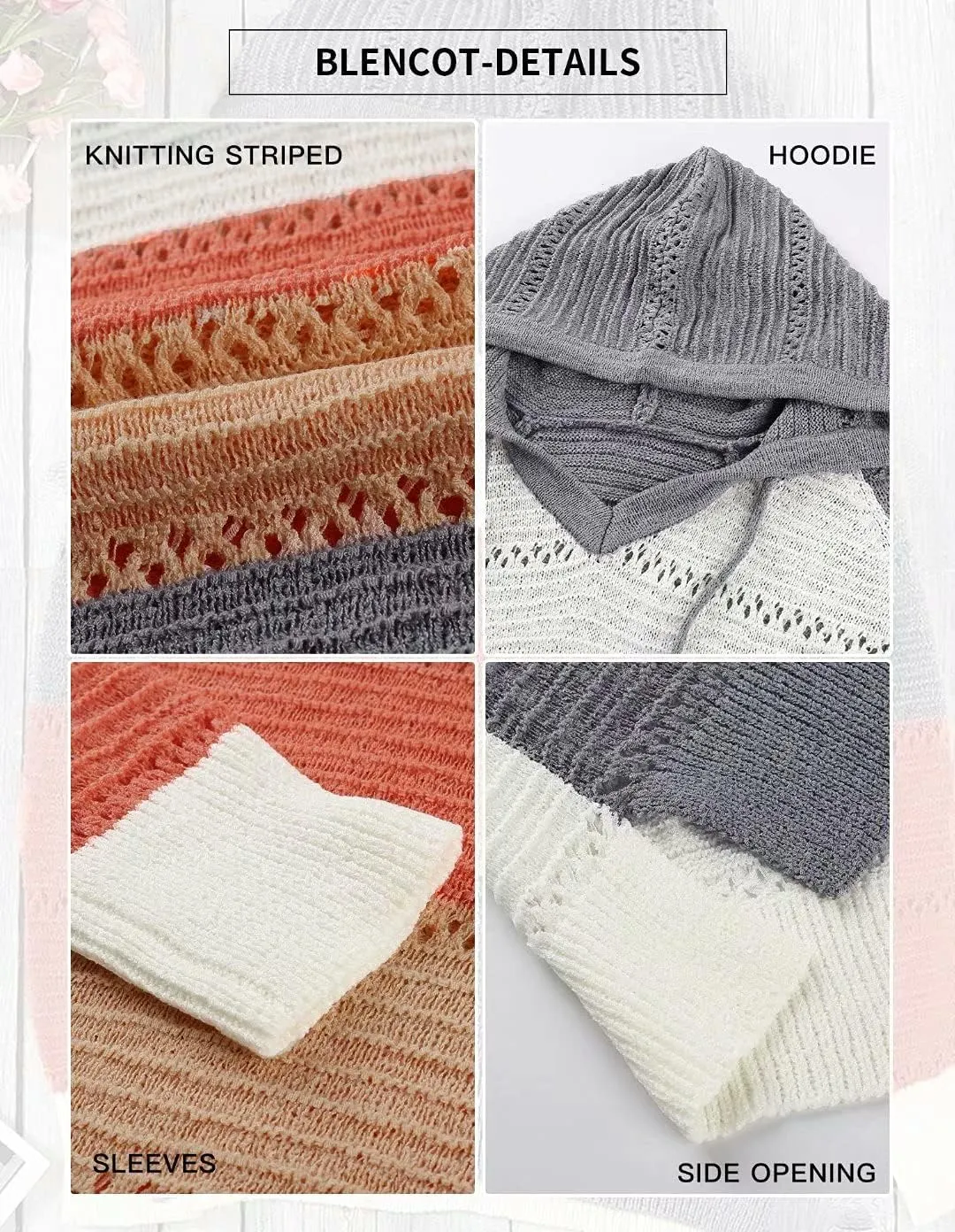 BLENCOT Women Color Block Hooded Crochet Striped Sweaters Lightweight Drawstring Hoodies Pullover Trendy Sweatshirts