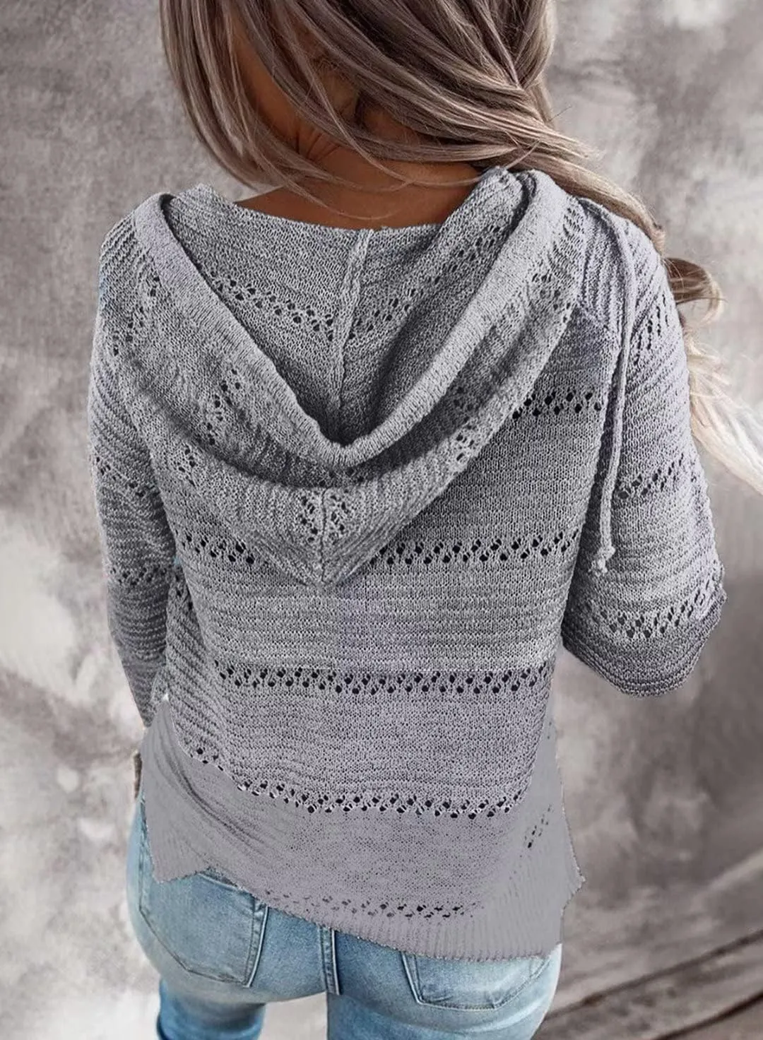 BLENCOT Women Color Block Hooded Crochet Striped Sweaters Lightweight Drawstring Hoodies Pullover Trendy Sweatshirts