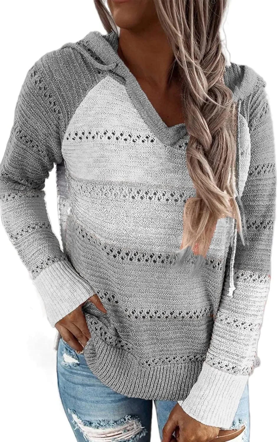 BLENCOT Women Color Block Hooded Crochet Striped Sweaters Lightweight Drawstring Hoodies Pullover Trendy Sweatshirts