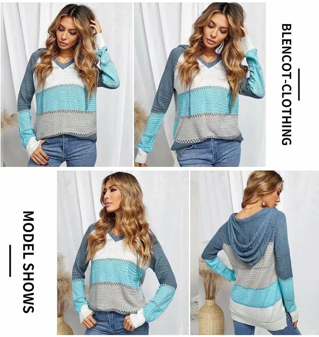 BLENCOT Women Color Block Hooded Crochet Striped Sweaters Lightweight Drawstring Hoodies Pullover Trendy Sweatshirts