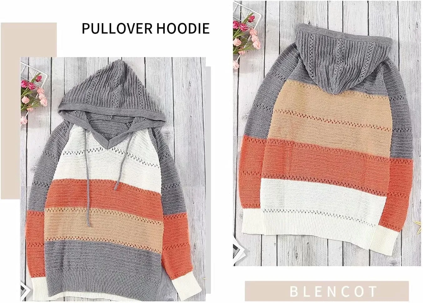 BLENCOT Women Color Block Hooded Crochet Striped Sweaters Lightweight Drawstring Hoodies Pullover Trendy Sweatshirts