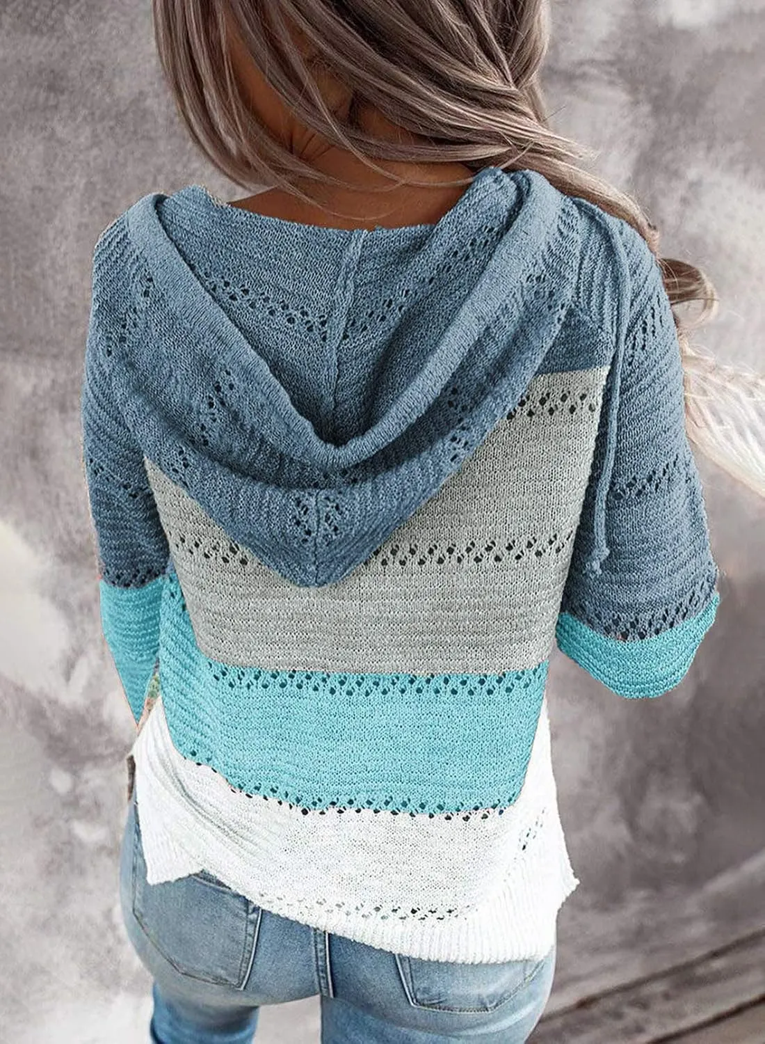 BLENCOT Women Color Block Hooded Crochet Striped Sweaters Lightweight Drawstring Hoodies Pullover Trendy Sweatshirts