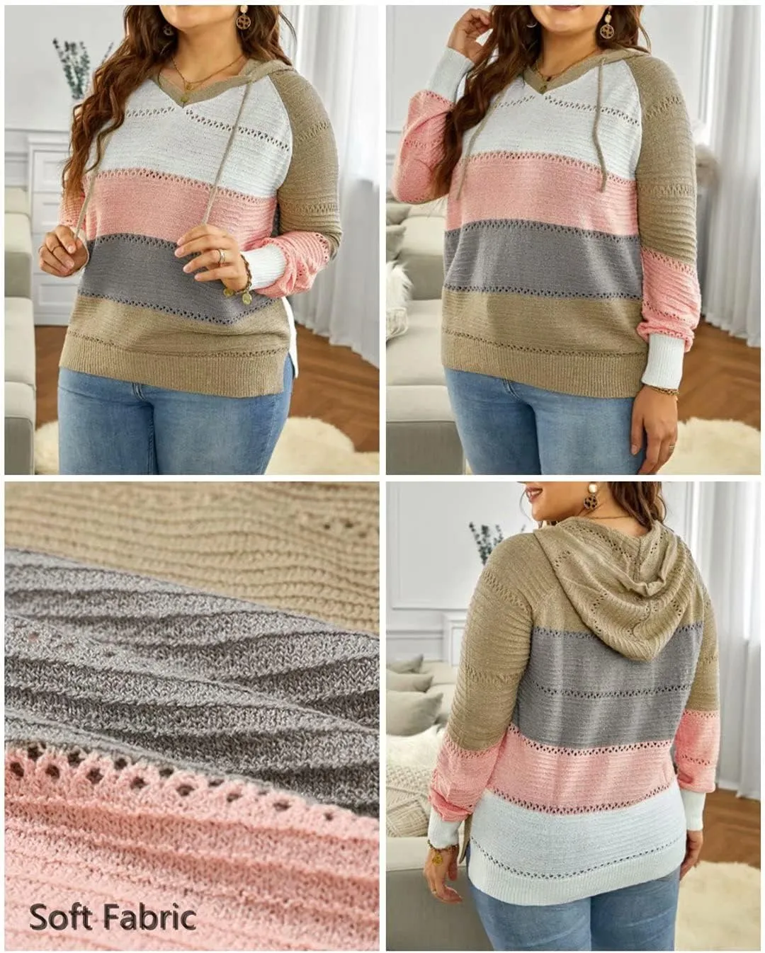 BLENCOT Women Color Block Hooded Crochet Striped Sweaters Lightweight Drawstring Hoodies Pullover Trendy Sweatshirts