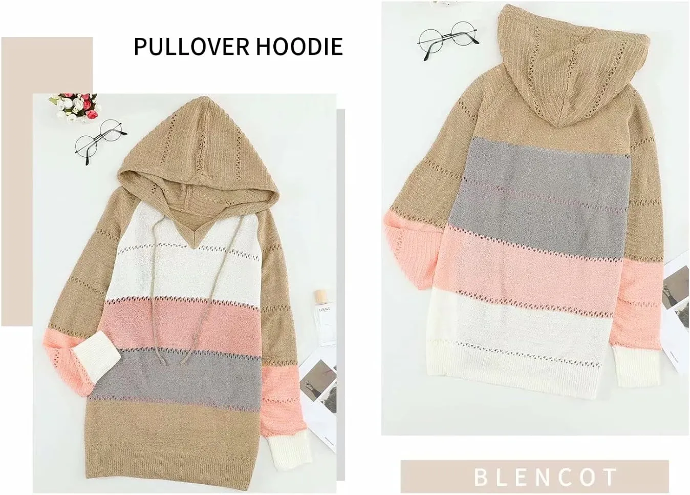 BLENCOT Women Color Block Hooded Crochet Striped Sweaters Lightweight Drawstring Hoodies Pullover Trendy Sweatshirts