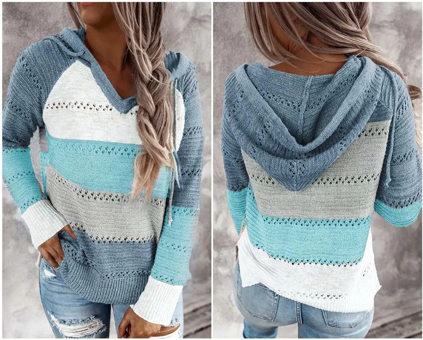 BLENCOT Women Color Block Hooded Crochet Striped Sweaters Lightweight Drawstring Hoodies Pullover Trendy Sweatshirts