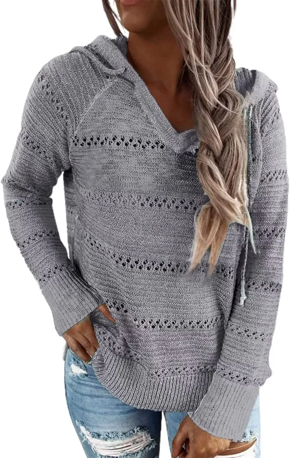 BLENCOT Women Color Block Hooded Crochet Striped Sweaters Lightweight Drawstring Hoodies Pullover Trendy Sweatshirts