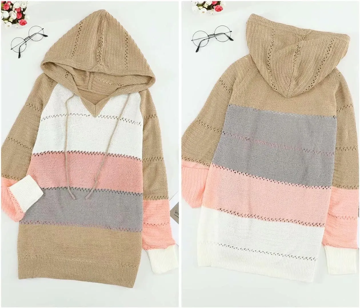 BLENCOT Women Color Block Hooded Crochet Striped Sweaters Lightweight Drawstring Hoodies Pullover Trendy Sweatshirts