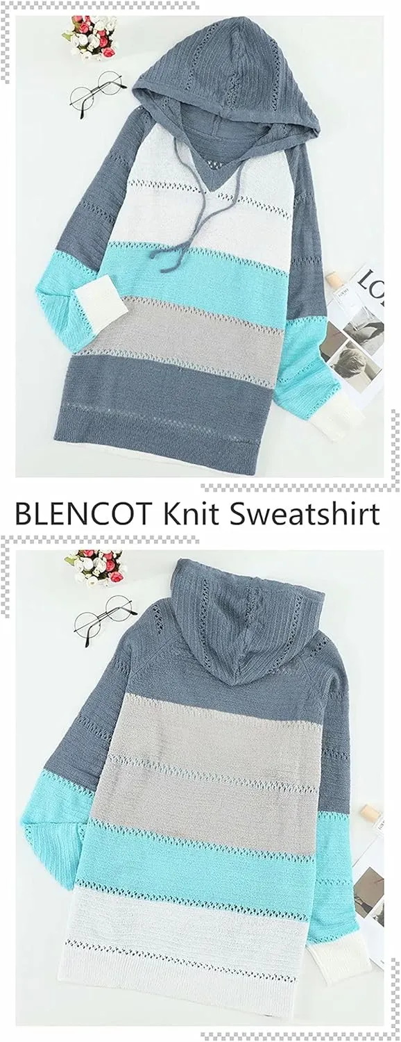 BLENCOT Women Color Block Hooded Crochet Striped Sweaters Lightweight Drawstring Hoodies Pullover Trendy Sweatshirts