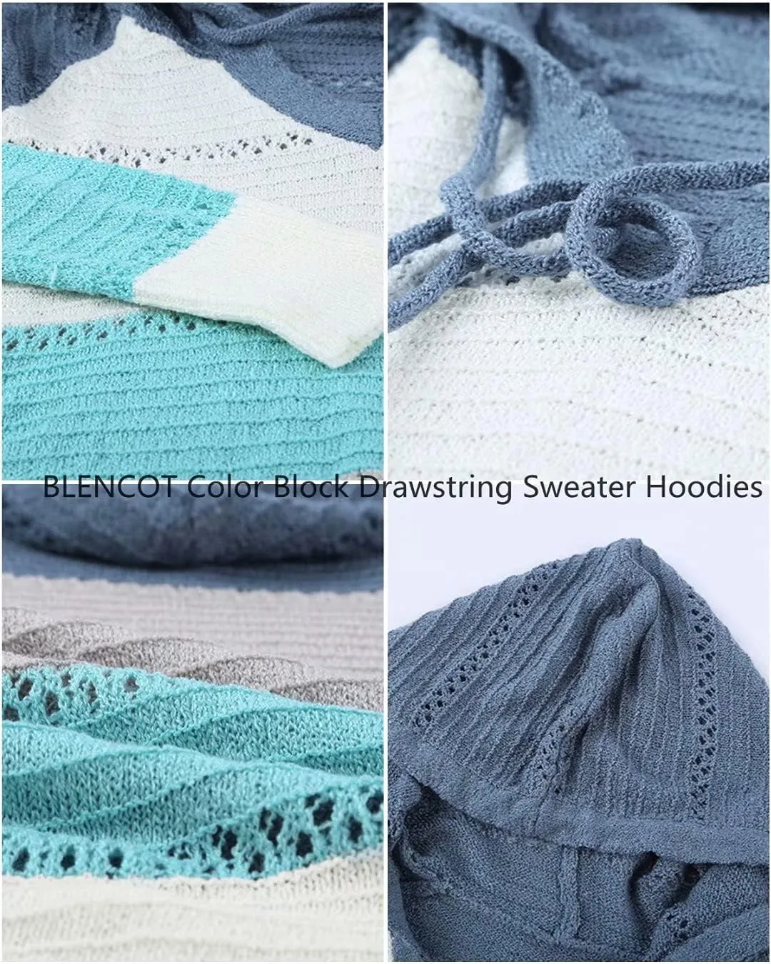 BLENCOT Women Color Block Hooded Crochet Striped Sweaters Lightweight Drawstring Hoodies Pullover Trendy Sweatshirts