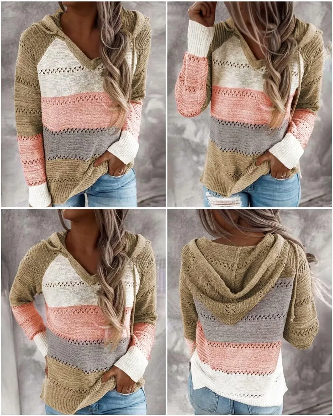 BLENCOT Women Color Block Hooded Crochet Striped Sweaters Lightweight Drawstring Hoodies Pullover Trendy Sweatshirts
