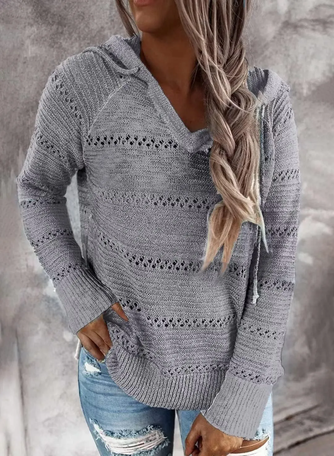 BLENCOT Women Color Block Hooded Crochet Striped Sweaters Lightweight Drawstring Hoodies Pullover Trendy Sweatshirts