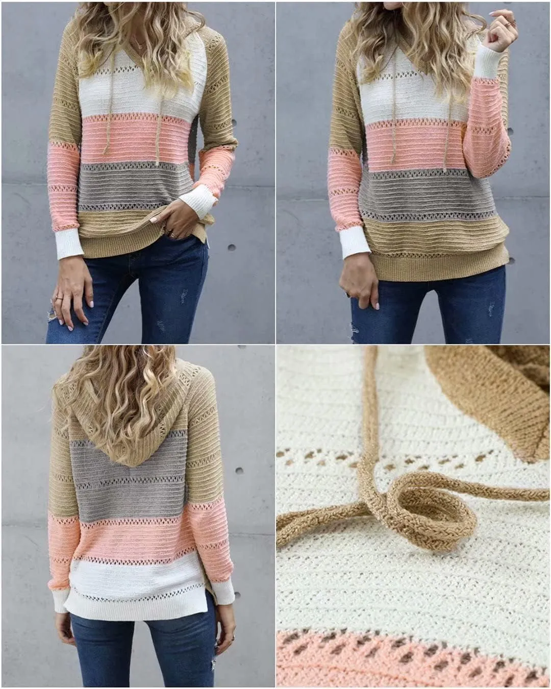 BLENCOT Women Color Block Hooded Crochet Striped Sweaters Lightweight Drawstring Hoodies Pullover Trendy Sweatshirts